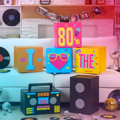 Miniatura 3 de Amyhill 6 piezas de decoraciones grandes de fiesta de los años 80, juego de recuerdos de hip hop, cajas de fiesta de papel, decoración temática