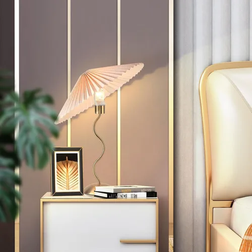 Miniatura 5 de Ziqqeelam Lámpara de mesa de noche dorada, lámparas de mesa plegadas de latón dorado, mesita de noche y espacios pequeños con pantalla festoneada