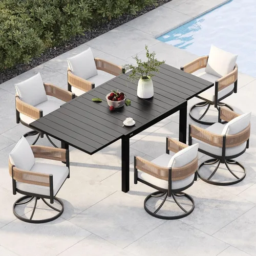 Miniatura 19 de Juego de comedor al aire libre Grand Patio de 5 piezas para 4, sillas de patio fijas de mimbre tejido metálico con cojines engrosados y 1 mesa