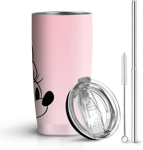 Miniatura 12 de Vaso de 20 oz de acero inoxidable rosa con pajita y tapa, a prueba de fugas, taza de café para viajes, para uso en casa y al aire libre, tazas Ratón
