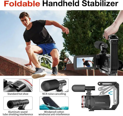 Miniatura 4 de Videocámara digital 4K, cámara dual de 64MP UHD Vlogging para YouTube, zoom digital 21X, cámara de vlog con micrófono externo, estabilizador