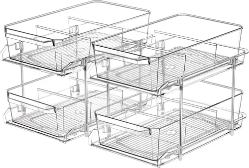 Miniatura 10 de Organizador transparente de 2 niveles con separadores para gabinete, estante, encimera - Contenedor de almacenamiento deslizable multiuso - Cajones