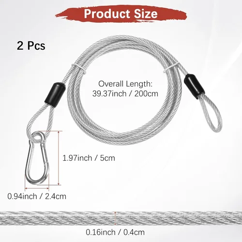 Miniatura 3 de Cable de seguridad con ganchos y bucles [2 piezas] – 6.56 pies / 258.3 pulgadas de acero inoxidable para equipaje de seguridad para bicicletas