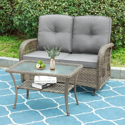 Miniatura 51 de VIVIJASON Silla mecedora de mimbre para exteriores, 2 piezas, sillas mecedoras de ratán para patio con cojines y marco de acero, muebles de mimbre