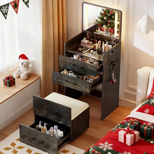 Miniatura 23 de Escritorio de tocador 3 en 1 con espejo abatible y luces, mesa de tocador de maquillaje con parte superior de vidrio con estación de carga, tocador