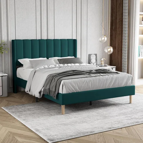 Miniatura 11 de Marco de Cama Tapizada de Plataforma Tamaño Full con Cabecero, Soporte de Listones de Madera Resistentes, No Necesita Somier, Montaje Fácil, Beige