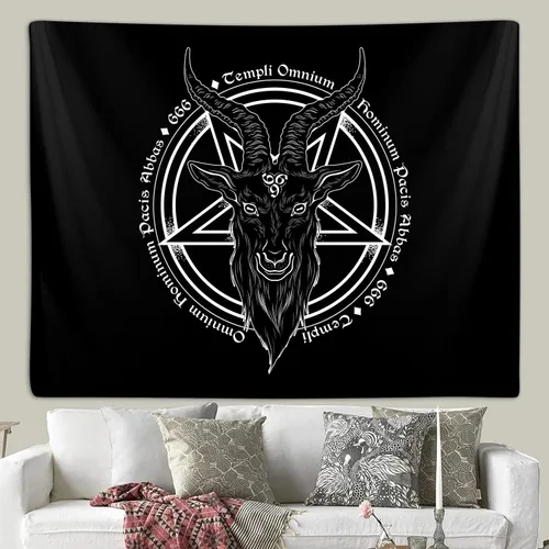 Miniatura 3 de Tapiz de pentagrama satánico para dormitorio, estatua de Baphomet, cabeza de cabra, calavera, tapices paganos para colgar en la pared para Negro