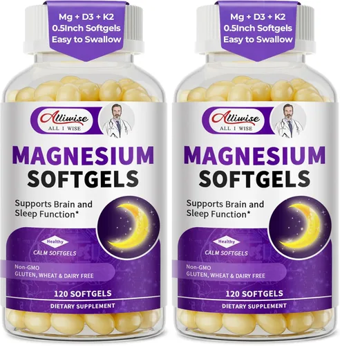 Miniatura 10 de Cápsulas blandas de magnesio glicinato 400mg, suplemento de magnesio de alta absorción fácil de tragar, con vitamina D3 y K2 para relajación, calma