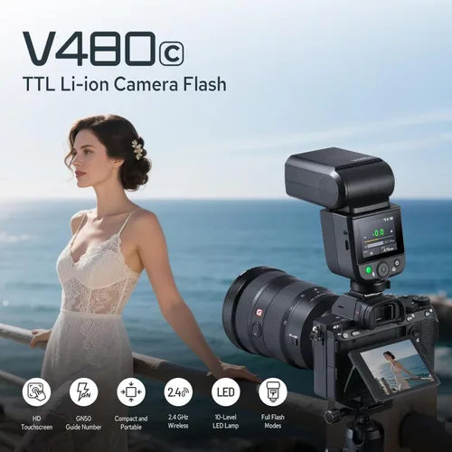 Miniatura 5 de Godox V480-S V480 Flash para Sony, Speedlite con Pantalla Táctil, GN50 de Alta Salida, Carga USB-C, Reciclaje Rápido de 1.7s, 650 Parpadeos