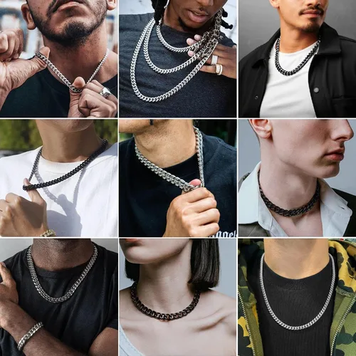 Miniatura 4 de Gargantillabrazalete con cadena de eslabones cubanos pesados para hombre, de acero inoxidable grueso chapado en oro de 14 quilates, disponible
