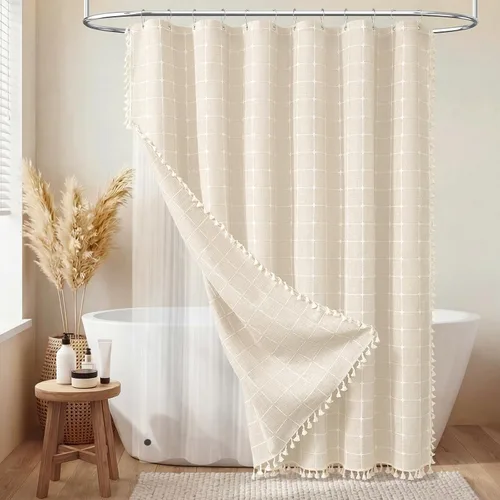 Miniatura 25 de BTTN Juego de cortinas de ducha estilo bohemio de granja con borlas, tela rústica de lino resistente, repelente al agua, cortinas de ducha gruesas A