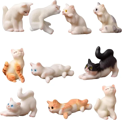 Juego de 10 figuras de gato pequeñas pintadas a mano realistas para casa de muñecas, juego de figuras de gatos en miniatura, lindo gatito de resina