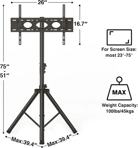 Miniatura 9 de Soporte de TV trípode para televisores de pantalla plana de 23 a 75 pulgadas / curvos de hasta 100 libras, soporte de TV para exteriores