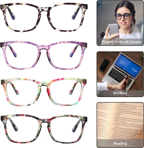 Miniatura 5 de Henotin - Juego de 4 gafas de lectura con bloqueo de luz azul para mujeres y hombres, con bisagra de resorte para computadora, anti rayos UV, gafas