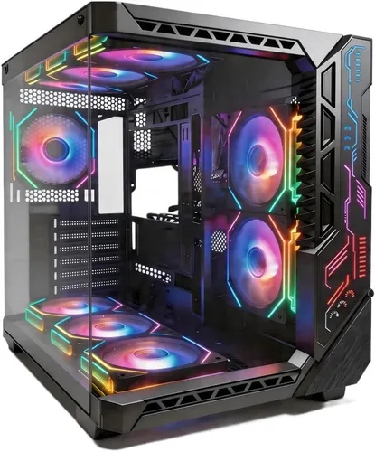 SZSKYING Funda para PC ATX Mid-Tower Gaming con 9 ventiladores ARGB con control remoto, vidrio templado, radiador de 14.173 in, tipo C, negro.