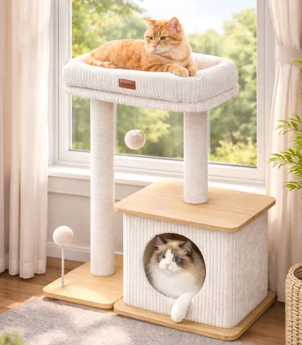 Moderno árbol para gatos de interior, estilo nórdico loft, torre de madera para gatos con postes rascadores de sisal, camas acolchadas suaves y