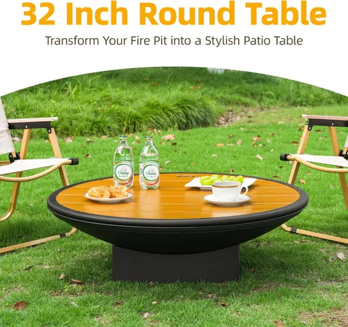 Miniatura 4 de Fogata de 32 pulgadas para exteriores, mesa de fogata de leña para exteriores con parrilla y tapa, hoguera portátil grande para patio trasero