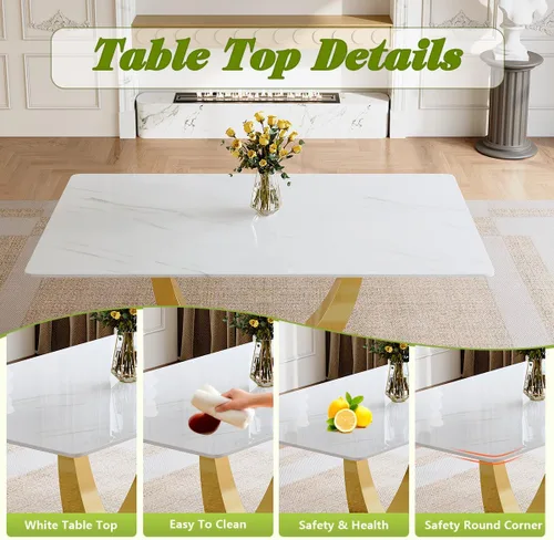 Miniatura 3 de Juego de mesa de comedor para 4, mesa de comedor de mármol sintético de 63 pulgadas con patas y base de acero inoxidable, sillas acolchadas