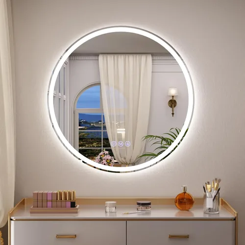 Miniatura 13 de BEAUTYPEAK Espejo de baño con arco LED de 34 x 30 pulgadas con luces, antiniebla, regulable, retroiluminado + iluminado frontal, espejo de tocador
