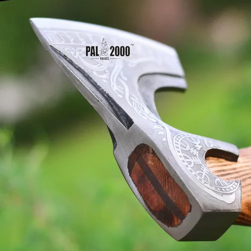 Miniatura 8 de AX-3016 Hacha vikinga de acero al carbono forjada con eje de madera de fresno - Hacha de camping barbuda vikingo