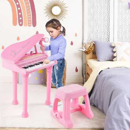Miniatura 9 de Costzon Piano para niños, mini teclado de juguete de piano de cola de 31 teclas con micrófono, taburete y luces, piano electrónico portátil, juguete