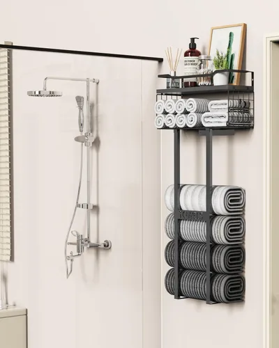 Miniatura 5 de Aetyord Toallero para Baño de 31 Pulgadas Montado en Pared, Estante Flotante con Tablero de Madera, Almacenamiento de Toallas para Baño que Puede