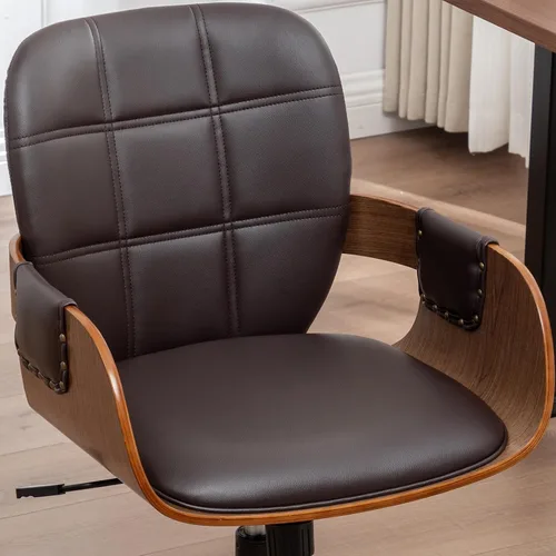 Miniatura 6 de Silla de escritorio de oficina en casa con ruedas giratorias, artesanía de nogal, respaldo y brazos curvos ergonómicos, piel sintética, altura