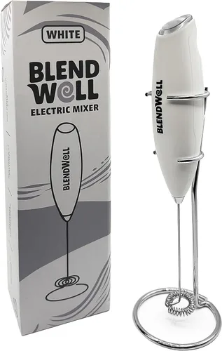 Miniatura 2 de BlendWell Espumador de leche eléctrico para matcha y café, mezclador de bebidas de mano con batería, con soporte, batidor de acero inoxidable, blanco