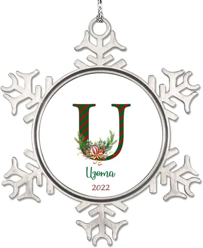 Miniatura 26 de Monograma inicial letra A copo de nieve, adorno de bayas de pino de Navidad para decoración de árbol de Navidad, adornos de Navidad personalizados