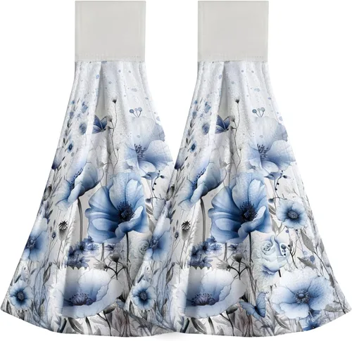Miniatura 25 de Poppy Flower Hanging Hand Towels Set of 2,17x12 Inch Watercolor Chinoiserie Yellow Black Floral Soft Absorbent Dish Cloth Tie Towel for Kitchen