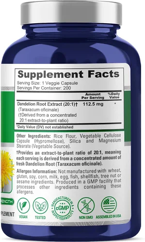 Miniatura 2 de NusaPure Cápsulas de raíz de diente de león, 112.5 mg, 200 cápsulas vegetales (sin OMG, veganas)
