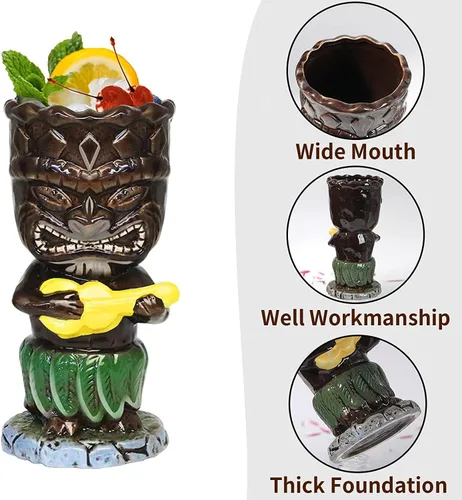 Miniatura 3 de SuproBarware Tiki - Juego de tazas de cóctel de 10.1 fl oz, coloridas tazas de cóctel de cerámica, decoración hawaiana para fiestas exóticas