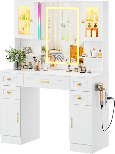 Miniatura 11 de KAMABOKO Escritorio de tocador con luz y espejo, mesa de maquillaje blanca con cajones y estación de carga, 3 modos ajustables para dormitorio y 042