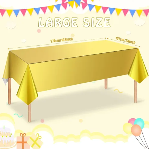 Miniatura 2 de Paquete de 3 manteles de plástico dorados, fundas rectangulares desechables, manteles de aluminio metálico holográfico, suministros de fiesta
