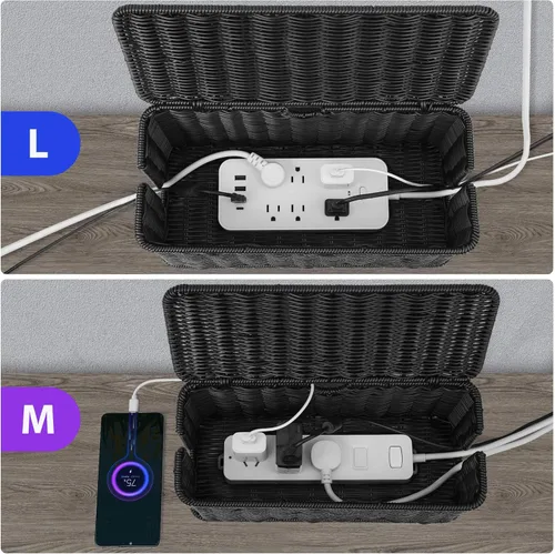 Miniatura 3 de Paquete de 2 cajas grandes de gestión de cables negras, organizador de cables de ratán de imitación tejido a mano, ocultador de cables, caja de Negro