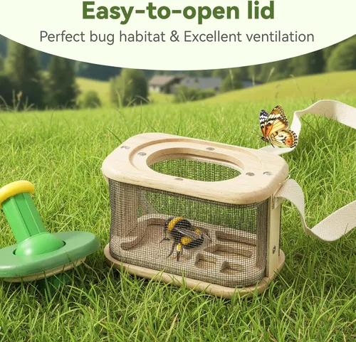 Miniatura 6 de Atrapa insectos de madera para niños, lupa giratoria de 360°, kit de explorador de insectos, con hábitat de insectos, red de mariposa, pinzas