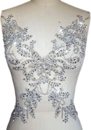 Parche de cristal único hecho a mano cosido en piedras de lentejuelas de 15.3 x 11.4 pulgadas, accesorio para vestido, cristal de costura para Blanco