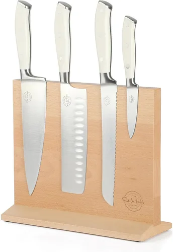Sur La Table Kitchen Essentials - Juego de 5 piezas de cuchillos de acero alemán con mango triple remachado en bloque magnético de madera de haya -