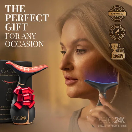 Miniatura 6 de GLO24K - Dispositivo de belleza facial y cuello con luz roja, herramienta de masajeador facial 3 en 1 con LED y vibración para revitalización