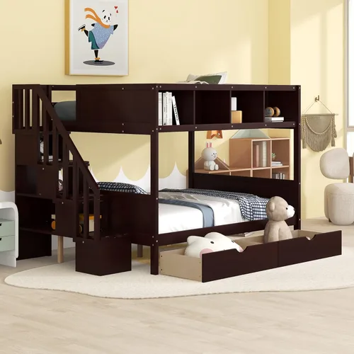 Miniatura 16 de Litera individual sobre individual con nido de tamaño individual y 3 escaleras de almacenamiento, base de cama de madera con barandilla de seguridad