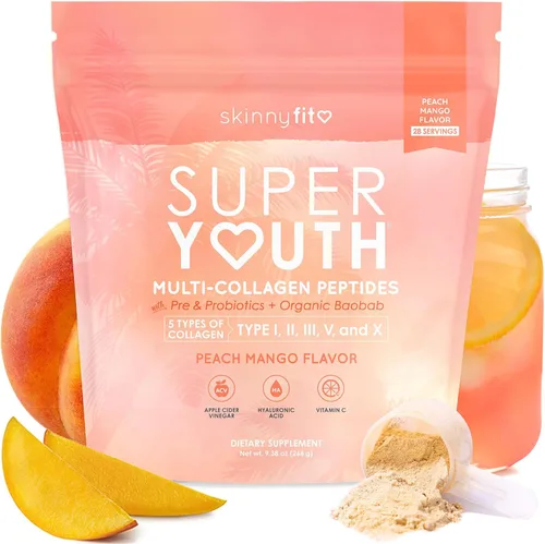 SkinnyFit - Colágeno Super Youth para mujer - Polvo de péptidos de colágeno múltiple - Probióticos, fibra, ácido hialurónico - Sin OMG, sin gluten,