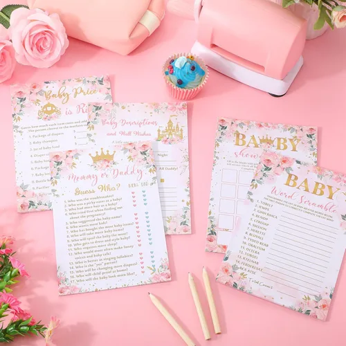 Miniatura 4 de Fumete Juego de 125 juegos de princesa para baby shower, juego de 5 juegos con 20 lápices, incluye bingo de baby shower, palabras Scramble, Adivina