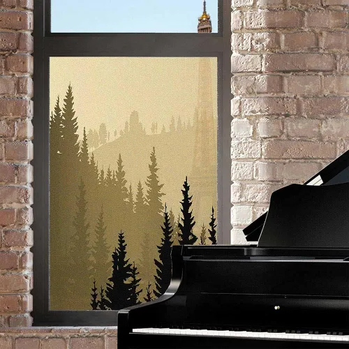 Miniatura 2 de Película de vidrio esmerilado de pino para ventana, bosque de coníferas silvestres en la mañana, siluetas de árbol de niebla para decoración