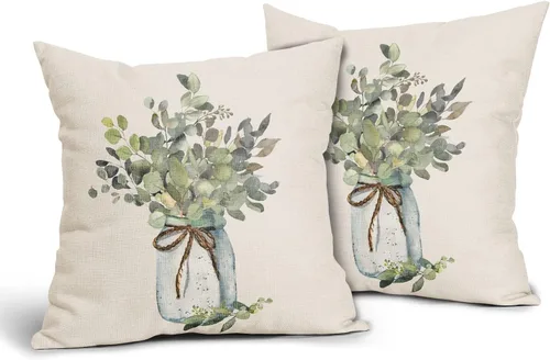 Miniatura 2 de Juego de 2 fundas de almohada de hojas de eucalipto verdes de 18 x 18 pulgadas, para primavera y verano, para sofá, estilo granja, acuarela