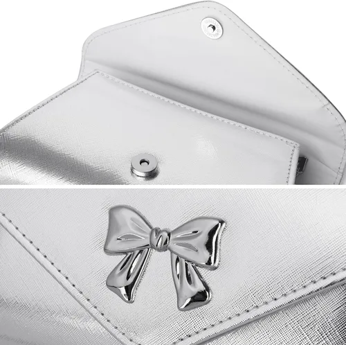 Miniatura 5 de Gurina Bolso de mano de noche con detalle de lazo, elegante bolsa de fiesta de piel sintética brillante con cadena desmontable para boda y baile