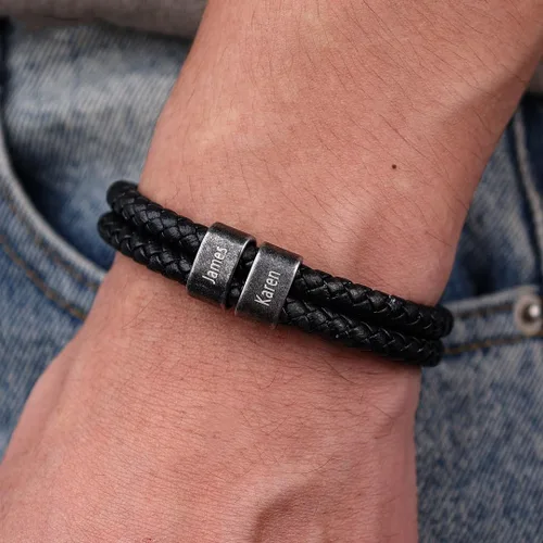 Miniatura 4 de Pulsera personalizada con nombre para hombre, pulsera de cuero personalizada para hombre con 2-5 cuentas vintage grabadas con nombres de familia