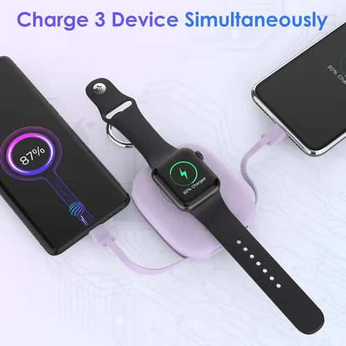 Miniatura 4 de Cargador portátil pequeño de 5000 mAh, cargador inalámbrico iWatch mini banco de energía con cable integrado, cargador de llavero de viaje