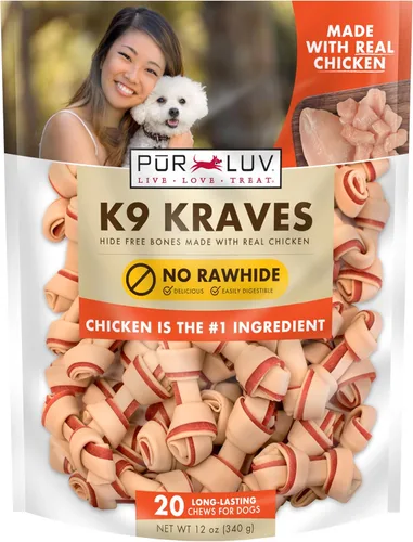 Pur Luv Golosinas para Perros, K9 Kraves Hueso para Perros Sin Cuero Crudo, Sabor a Pollo, Hecho con Pollo Real, 20 Unidades, Saludable, Fácilmente
