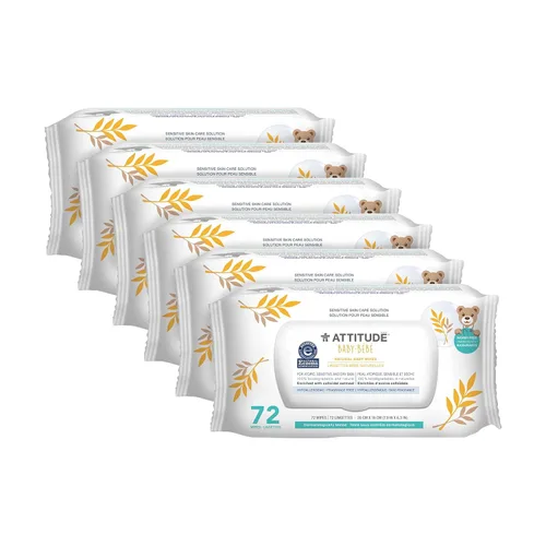 ATTITUDE Toallitas para bebés sin perfume, para pieles sensibles con avena, origen natural, dermatológicamente probadas, para bebés, niños pequeños