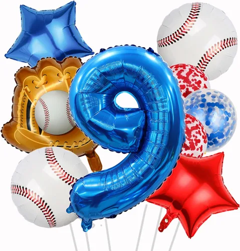 Globos de béisbol de papel de aluminio para decoración de cumpleaños, globos con el número 9, globos de confeti de estrella roja y azul para Béisbol
